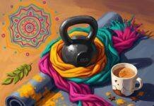 Incorporating Ayurvedic Principles into Modern Fitness Training Impressionistic digital painting of yoga mat, kettlebell, chai, and mandala.
