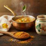 Cooking with Ayurvedic Spices: Flavor and Function Saffron-stained kitchen scene: curry, spices, and a floating curry leaf.