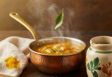 Cooking with Ayurvedic Spices: Flavor and Function Saffron-stained kitchen scene: curry, spices, and a floating curry leaf.