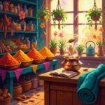 Integrating Yoga and Ayurveda into Modern Culinary Practices. Impressionistic painting: vibrant spice market, yoga mat, steaming pot, floating cumin seed.