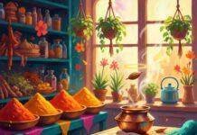 Integrating Yoga and Ayurveda into Modern Culinary Practices. Impressionistic painting: vibrant spice market, yoga mat, steaming pot, floating cumin seed.