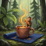 Ayurvedic Herbal Teas and Their Benefits for Yoga Practitioners A chipped teacup on a yoga mat with a monkey, in a rainy forest.