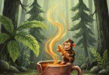 Ayurvedic Herbal Teas and Their Benefits for Yoga Practitioners A chipped teacup on a yoga mat with a monkey, in a rainy forest.