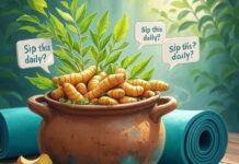Ayurvedic Herbal Remedies and Their Role in Preventive Health Steaming clay pot of turmeric and neem overflows beside yoga mat and apple core, with playful "Sip this daily?" bubbles.