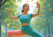 Yoga for Chronic Disease Management A middle-aged yogi in warrior pose clutches glowing pill bottle amid origami birds and tea-bag halos in a vibrant park.