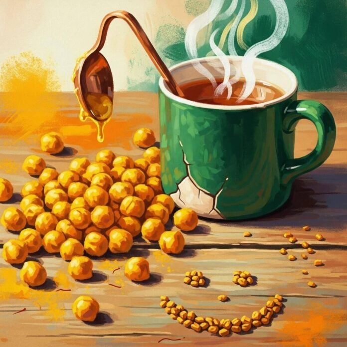 Impressionistic painting: Turmeric chickpeas, tulsi tea, ghee spoon, fenugreek smiley.