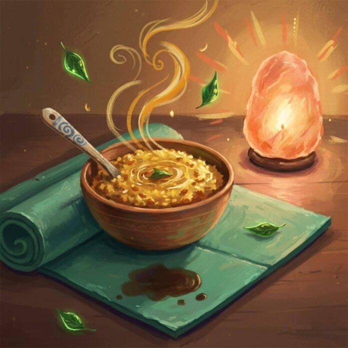 Impressionistic painting: kitchari, yoga mat, salt lamp, floating curry leaves.