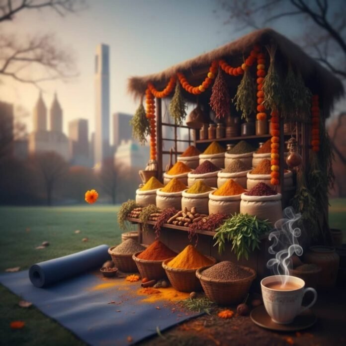 Ayurvedic spice market with yoga mat and chai in Central Park.