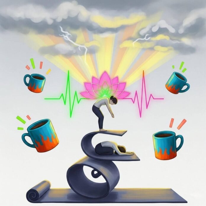 Impressionistic digital painting of a yoga mat, child's pose, storm clouds, sun rays, lotus petals, and coffee mugs.