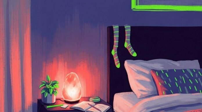 Yoga Practices for Improved Sleep Quality Impressionistic digital painting of a cozy, indigo-toned bedroom with neon accents.