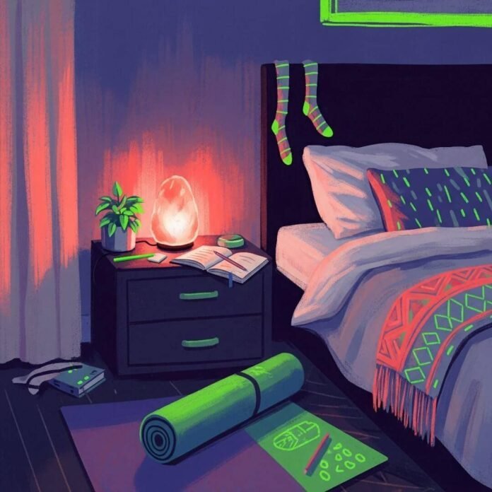 Impressionistic digital painting of a cozy, indigo-toned bedroom with neon accents.