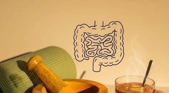 Yoga and Ayurveda for Digestive Health Turmeric mortar and pestle, yoga mat, ginger tea, and gut doodle.