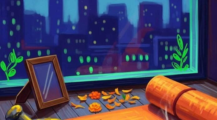 Integrating Ayurveda and Yoga into Modern Lifestyles Impressionistic painting: turmeric, yoga mat, chai, city skyline, marigolds.