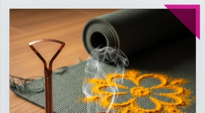 Ayurvedic Detoxification Methods for Holistic Cleansing A coppery tongue scraper, a steaming tea cup, and a yoga mat.