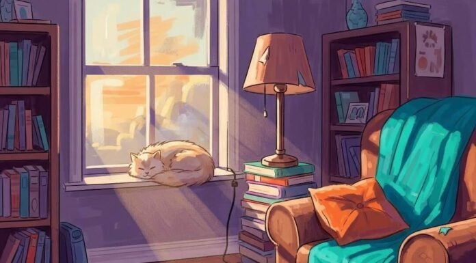 Yoga for Chronic Pain Management Impressionistic painting of a cluttered living room with a cat and sunrise.