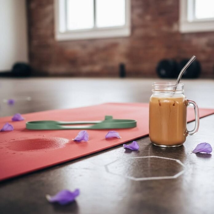 Sweaty yoga mat, iced coffee, and lavender petals post-workout.