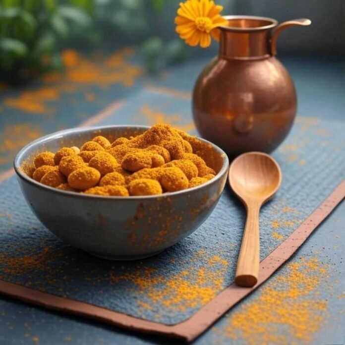 Steaming kitchari bowl, yoga mat, copper jug with marigold, swirling turmeric in teal.