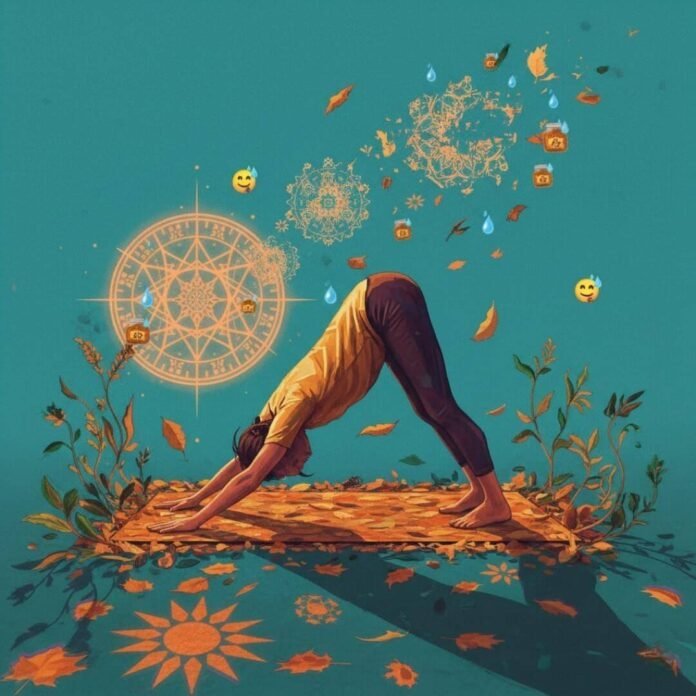 Impressionistic digital painting of a yogi in downward dog surrounded by autumn leaves and Ayurvedic herbs.