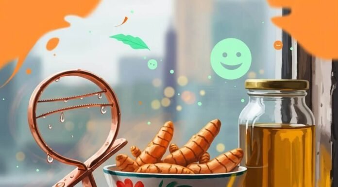 Ayurvedic Skincare Routines for Radiant Health Impressionistic digital painting of Ayurvedic wellness items with quirky, warm saffron and cool mint.
