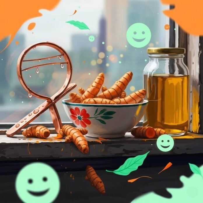 Impressionistic digital painting of Ayurvedic wellness items with quirky, warm saffron and cool mint. Impressionistic digital painting of Ayurvedic wellness items with quirky, warm saffron and cool mint.